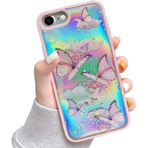 LCHULLE Girly Case for iPhone SE 2022/3rd Case iPhone SE 2020/2nd iPhone 7 iPhone 8 Case Cute Iridescent Butterfly Design Laser Bling Glitter Girls Women Soft TPU Bumper Drop Protection Cover, Purple in Kuwait