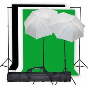 Photo Studio Lighting Light kit & Stand / (3) 10' x 10' Muslin Green, White, Black / (2) Snow White Umbrella 33" - K1