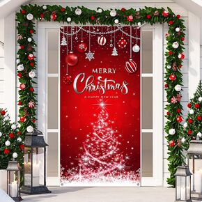 Irenare Christmas Decorations Merry Christmas Door Cover Christmas Background Banner Xmas Door Hanging Covers Photo Props for Christmas Party Decorations Supplies, 70.9 x 35.4 Inch(Red)
