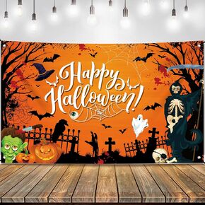 Halloween Party Decorations - Orange Spooky Happy Halloween Backdrop Banner Large Sign Pumpkin Ghost Wall Decorations Photo Background for Halloween Party Supplies Indoor