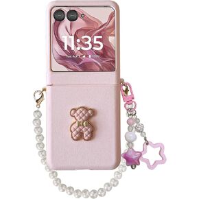 for Motorola Razr 2024 Case with Chain & Hinge Protection, Cute Razr 2024 Phone Case for Women Girls Anti-Scratches Shockproof PU Leather Case for Moto Razr 2024 (Pink)