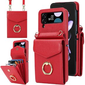 for Samsung Galaxy Z Flip 3 Case, Minimalist Wallet Case with Ring Kickstand and Shoulder Strap, Shockproof Stylish Protective Cover for Galaxy Z Flip 3 -Black