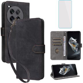 for OnePlus 12R 5G Wallet Phone Case with Screen Protector [RFID Blocking] Leather Flip Card Holder Kickstand Wristlet Men Women Cell Phone Case for 1+ One Plus 12R 5G Black