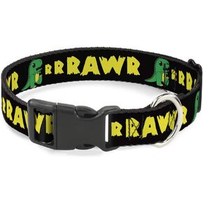 Buckle-Down Plastic Clip Collar - RRRAWR Dinosaur Black/Green/Yellow - 1" Wide - Fits 11-17" Neck - Medium