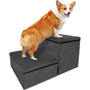 Dog Stairs, Foldable Pet Steps for Bed and Couch with Storage, 2-Step Non-Slip Balanced Dog Indoor Ramp for Dogs and Cats (Gray)