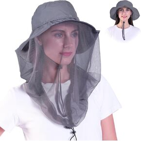 Mosquito Head Net Hat - Sun Hat Bug Net for Head, Mosquito Hats with Hidden Netting and Neck Flap, for Gardening Beekeeper Fishing Hiking Safari, Men & Women Grey
