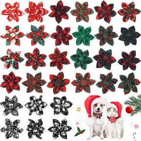 Sweetude 30 Pcs Plaid Dog Collar Flowers Bulk Plaid PET Flower Collar Bow Ties Holiday Dog Accessories Slide Attachment for Small Medium Large Dog Cat Puppy Bow Grooming Supplies(Classic)