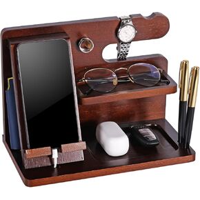 Wood Phone Docking Station, Nightstand Organizer for Men, Multi-Functional Wooden Phone Holder for Desk with Phone Slot, Gifts for Dad, Husband, Brother, Boyfriend, Son