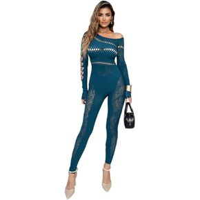 Women sexy tight long-sleeved rhinestone seamless knitted jacquard jumpsuit high elastic one-piece