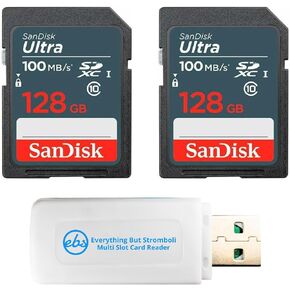 SanDisk (2 Pack) 128GB Ultra SD Memory Card 100MB/s Class 10 UHS-I SDXC (SDSDUNR-128G-GN3IN) Bundle with 1 Everything But Stromboli Multi-Slot Memory Card Reader