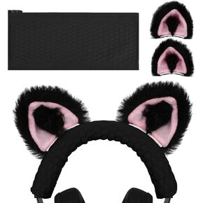 Geekria NOVA Knit Fabric Headband Cover + Cat Ears Attachment Compatible with Razer, SteelSeries, HyperX, Sennheiser, Astro, Sony, Logitech, ATH Headphones, Head Cushion Pad Protector (Black/Pink)