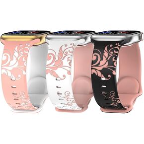 3 Pack Floral Engraved Bands Compatible with Apple Watch Band 38mm 40mm 41mm 42mm 44mm 45mm 46mm 49mm,Soft Silicone Cute Two-Tone Flower Sport Strap for iWatch Series 10 9 8 7 6 5 4 3 2 1 SE Ultra