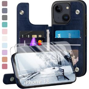 Designed for iPhone 13 Case Wallet, Card Holder Case with [2 Screen Protectors][Magnetic Clasp Folio Cover][RFID Blocking Leather] Shockproof Women Men Cases 6.1" for Apple 13 Light Brown