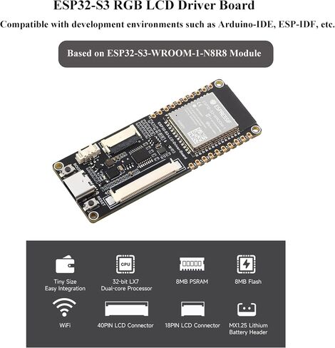 لوحة تشغيل ESP32-S3 RGB LCD، مع معالج ثنائي النواة 32 بت 240 ميجاهرتز LX7، وذاكرة PSRAM 8 ميجابايت وفلاش، يدعم W-i-F i وBlue-Tooth، متوافق مع شاشة LCD مستديرة تعمل باللمس RGB 2.1/2.8/4 بوصة أو شاشة I2C/SPI in Saudi Arabia