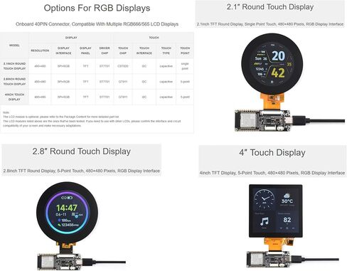 لوحة تشغيل ESP32-S3 RGB LCD، مع معالج ثنائي النواة 32 بت 240 ميجاهرتز LX7، وذاكرة PSRAM 8 ميجابايت وفلاش، يدعم W-i-F i وBlue-Tooth، متوافق مع شاشة LCD مستديرة تعمل باللمس RGB 2.1/2.8/4 بوصة أو شاشة I2C/SPI in Saudi Arabia
