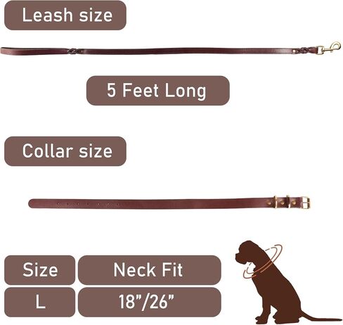 Heavy Duty Genuine Leather Dog Collar and Leash Set - 5ft Soft and Durable Leash and Collar Set with Metal Buckle - Adjustable Dog Collar Set, Compatible for Large Dogs in Saudi Arabia