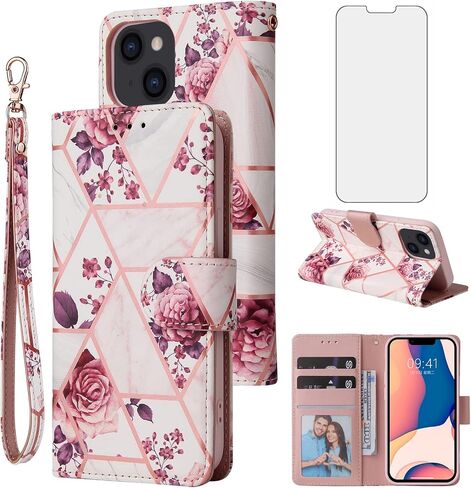 Compatible with iPhone 14 Plus 6.7 inch Wallet Case and Tempered Glass Screen Protector Leather Flip Card Holder Phone Cover for i-Phone 14+ iPhone14Plus 5G i i14 + iPhone14 14Plus Women Men Rose Gold in Saudi Arabia
