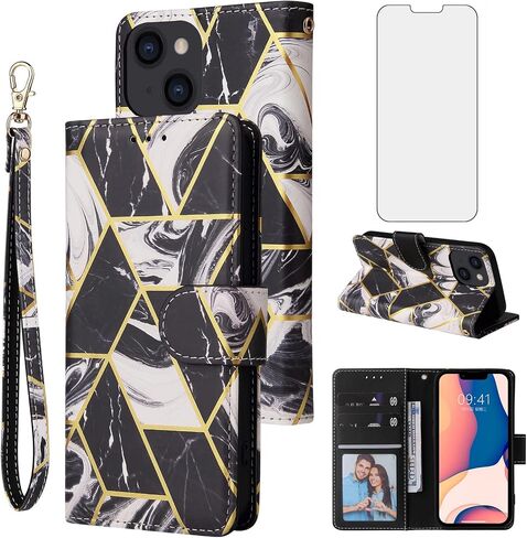 Compatible with iPhone 14 Plus 6.7 inch Wallet Case and Tempered Glass Screen Protector Leather Flip Card Holder Phone Cover for i-Phone 14+ iPhone14Plus 5G i i14 + iPhone14 14Plus Women Men Rose Gold in Saudi Arabia