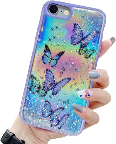 حافظة LCHULLE Girly لهاتف iPhone SE 2022/3rd Case iPhone SE 2020/2nd iPhone 7 iPhone 8، حافظة لطيفة بتصميم فراشة قزحية لامعة للفتيات والنساء، غطاء حماية من السقوط من مادة TPU الناعمة، أرجواني in Kuwait