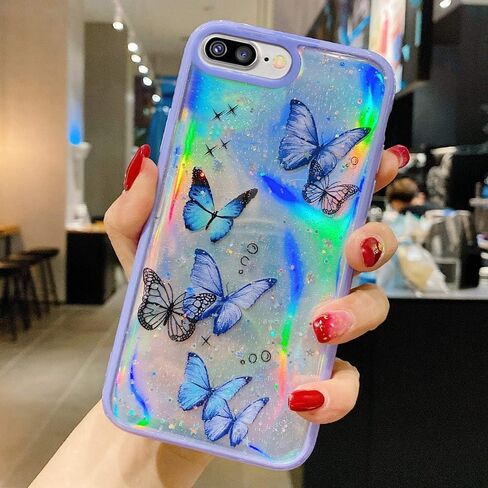 حافظة LCHULLE Girly لهاتف iPhone SE 2022/3rd Case iPhone SE 2020/2nd iPhone 7 iPhone 8، حافظة لطيفة بتصميم فراشة قزحية لامعة للفتيات والنساء، غطاء حماية من السقوط من مادة TPU الناعمة، أرجواني in Kuwait