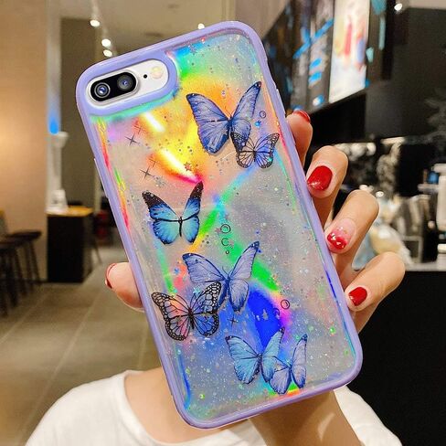 حافظة LCHULLE Girly لهاتف iPhone SE 2022/3rd Case iPhone SE 2020/2nd iPhone 7 iPhone 8، حافظة لطيفة بتصميم فراشة قزحية لامعة للفتيات والنساء، غطاء حماية من السقوط من مادة TPU الناعمة، أرجواني in Kuwait