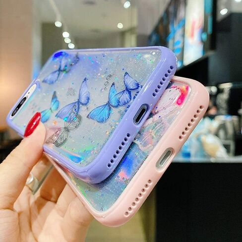 LCHULLE Girly Case for iPhone SE 2022/3rd Case iPhone SE 2020/2nd iPhone 7 iPhone 8 Case Cute Iridescent Butterfly Design Laser Bling Glitter Girls Women Soft TPU Bumper Drop Protection Cover, Purple in Kuwait