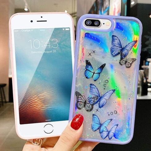 حافظة LCHULLE Girly لهاتف iPhone SE 2022/3rd Case iPhone SE 2020/2nd iPhone 7 iPhone 8، حافظة لطيفة بتصميم فراشة قزحية لامعة للفتيات والنساء، غطاء حماية من السقوط من مادة TPU الناعمة، أرجواني in Kuwait
