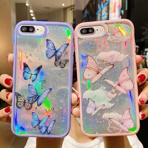 LCHULLE Girly Case for iPhone SE 2022/3rd Case iPhone SE 2020/2nd iPhone 7 iPhone 8 Case Cute Iridescent Butterfly Design Laser Bling Glitter Girls Women Soft TPU Bumper Drop Protection Cover, Purple in Kuwait