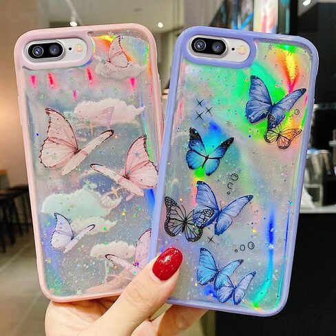 LCHULLE Girly Case for iPhone SE 2022/3rd Case iPhone SE 2020/2nd iPhone 7 iPhone 8 Case Cute Iridescent Butterfly Design Laser Bling Glitter Girls Women Soft TPU Bumper Drop Protection Cover, Purple in Kuwait