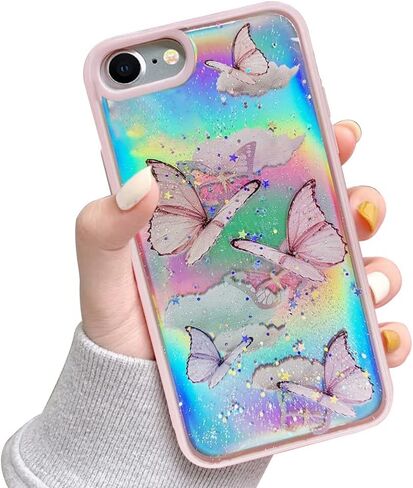 LCHULLE Girly Case for iPhone SE 2022/3rd Case iPhone SE 2020/2nd iPhone 7 iPhone 8 Case Cute Iridescent Butterfly Design Laser Bling Glitter Girls Women Soft TPU Bumper Drop Protection Cover, Purple in Kuwait