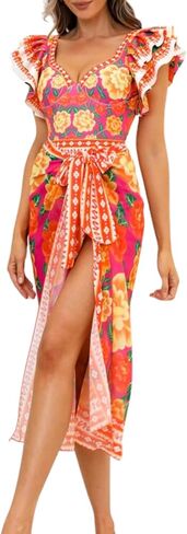 FLAXMAKER Hand-stitched 3D flowers Detachable shoulder strap One Piece Swimsuit and Sarong in Saudi Arabia