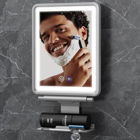 Heated Shower Mirror Fogless for Shaving, 3 Colors Stepless Dimmable Lights Fogless Mirror for Shower, Rechargeable Anti Fog Shaving Mirror for Shower with Razor Holder for Men, Light Memory Function in Kuwait