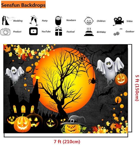 Sensfun Halloween Backdrop for Halloween Birthday Party Decorations Moon Night Pumpkin Ghost Castle Photography Background Kids Adult Halloween Trick Or Treat Party Banner Photo Booth Supplies 7x5ft in Saudi Arabia
