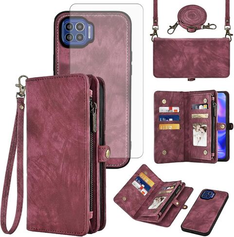 Asuwish Phone Case for Moto One 5G/One5G UW/Moto G G5 Plus Zipper Wallet Detachable Cell Cover with Tempered Glass Screen Protector Strap Flip Card Holder Motorola One Lite XT2075-1 Women Girls Black in Saudi Arabia