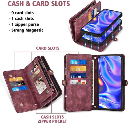 Asuwish Phone Case for Moto One 5G/One5G UW/Moto G G5 Plus Zipper Wallet Detachable Cell Cover with Tempered Glass Screen Protector Strap Flip Card Holder Motorola One Lite XT2075-1 Women Girls Black in Saudi Arabia