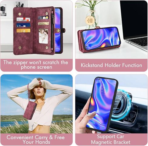 Asuwish Phone Case for Moto One 5G/One5G UW/Moto G G5 Plus Zipper Wallet Detachable Cell Cover with Tempered Glass Screen Protector Strap Flip Card Holder Motorola One Lite XT2075-1 Women Girls Black in Saudi Arabia