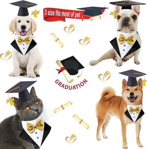 قبعة تخرج للحيوانات الأليفة، عصابات رأس للكلاب، طوق، 3 قطع، قبعة تخرج، وشاح مثلث، إكسسوارات ملابس رسمية للكلاب والقطط، مع ربطة عنق، ملابس حفلات العطلات (مجموعة 3 قطع، كبيرة) in Kuwait