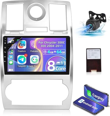 [8-Core 4+64G] ستيريو سيارة Android 13 لسيارة Chrysler 300 300C 2004-2011 - شاشة لمس IPS مقاس 9 بوصات صوت DSP - تشغيل لاسلكي وAndroid Auto، WiFi، 32EQ، تخصيص الصفحة الرئيسية + Canbus + كاميرا الرؤية الخلفية in Kuwait