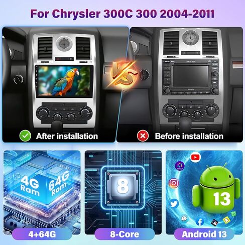[8-Core 4+64G] ستيريو سيارة Android 13 لسيارة Chrysler 300 300C 2004-2011 - شاشة لمس IPS مقاس 9 بوصات صوت DSP - تشغيل لاسلكي وAndroid Auto، WiFi، 32EQ، تخصيص الصفحة الرئيسية + Canbus + كاميرا الرؤية الخلفية in Kuwait