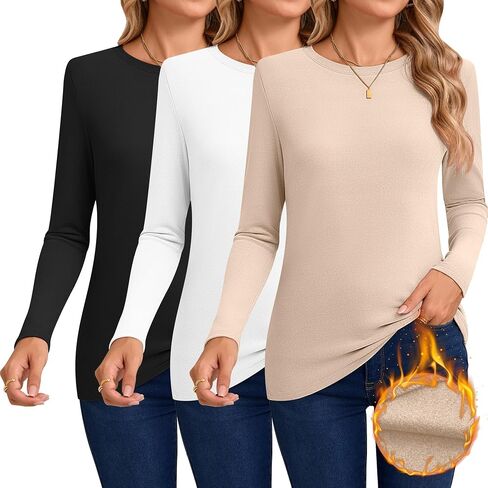Huukeay 3 Pack Women's Thermal Shirts Long Sleeve De Velvet Lined Underwear Tops Crew Neck Slim Fit Basic Base Layer Tee in Saudi Arabia