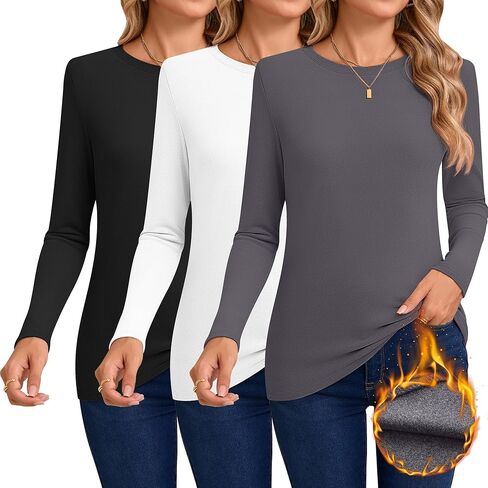 Huukeay 3 Pack Women's Thermal Shirts Long Sleeve De Velvet Lined Underwear Tops Crew Neck Slim Fit Basic Base Layer Tee in Kuwait