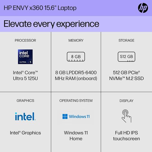 HP Envy x360 15 inch Laptop, Full HD Touch Display, Intel Core Ultra 5 125U, 8 GB RAM, 512 GB SSD, Intel Graphics, Windows 11 Home, Copilot Key, 15-fe1010nr (2024) in Saudi Arabia