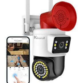 Dual Lens-Wifi Outdoor Wired Camera for Home Security, Kinnkall 2.4G HD Pan/Tilt Security-Camera, Motion Tracking, Hi-Power Speaker,2M DC Lines, 2-Way Talk, Works with Mobile Apps & PCs, SD/Cloud,7/24