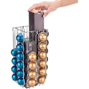 MyGift Stainless Steel Silver Metal Coffee Pod Holder Storage Organizer Stand with 360 Degree Rotating Carousel with Sleeve Storage Compartment, Compatible with Nespresso Vertuo Capsule