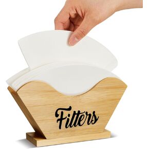 Farmhouse Coffee Filter Holder Rustic Wooden Cone Coffee Filters Pine Wood Coffee Filter Holder Rustic Style Filter Storage for Shelf Storage Square Cone Shaped Flat Bottomed Paper Filters (White)