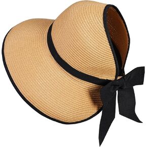Straw Sun Visor Hats for Women, Ponytail Summer Beach Hat Roll Up Packable Floppy Wide Brim with UPF 50+ for Travel