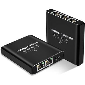 Ethernet Splitter 1 to 4, 1000Mbps Aluminium LAN Splitter Network Switch Either Network Splitter with USB C Power Cable, Gigabit RJ45 LAN Network Extension for Cat8/7/6/5e/5 Cable