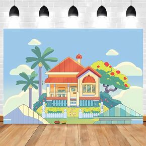 Blue Dog Theme Backdrop Blue Dog Birthday Party Background Cartoon Sky Building Photography Background Kids Birthday Party Decorations for Boys and Girls 7x5 ft