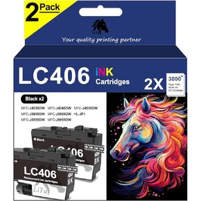 2-Pack Compatible LC406 Ink Cartridges for Brother Printer Black Replacement LC406BK LC406BKS for Brother MFC-J4335DW MFC-J4345DW MFC-J4535DW MFC-J5855DW MFC-J5955DW MFC-J6555DW MFC-J6955DW