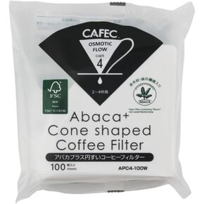 CAFEC Abaca+ 100-Pack Cone-shaped V60 02 1 to 4 Cup Disposable Pour-Over Drip Coffee Paper Filter made of Eco-Friendly Refined Virgin Pulp for Better Tasting Brewing Pour Over Dripper APC4-100W